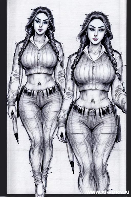 ((((full body shot)))) ((((in two panels))) ((((each panel a different pose sexy)))) ((((image comic-drawing pencil style)))) down level shot ass close up ((((landscape office)))) ((((security guard)))) - #main