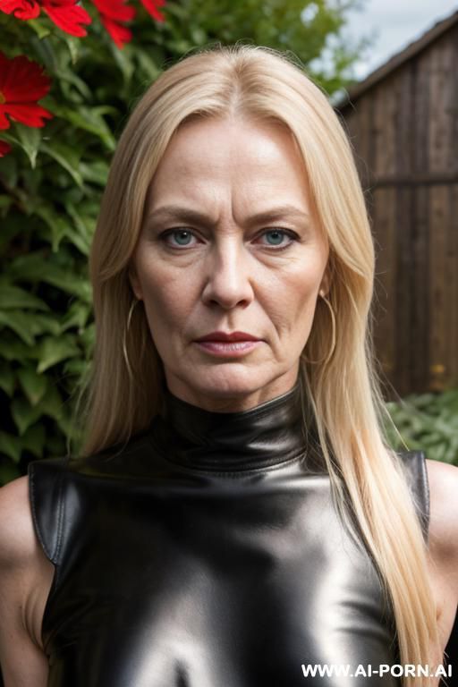 milf, matte black leather pants, belt, oxford shoes, viking helmet, face close up, ((garden backyard)), ((without makeup)), large nipples, point with finger - #main