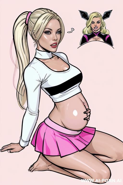 (((image comic-drawing modern style)))!!! ((keep face)), perfect woman, pretty face, bimbo cheerleader, blonde bimbo, pregnant, lactating white skin, blond hair, and pregnant model with shiny black and - #main