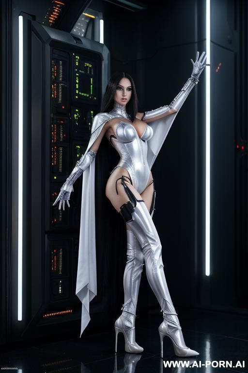 long hair. allowing alluring leg apart open leg, cyber mage mechanical body, totally naked, high heels - #main