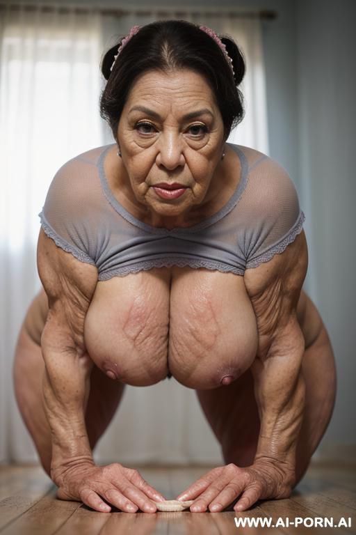 ((very old mature wrinkly shameless submissive latina grandma hugging and kissing on the lips on thirty year old dominant misogynistic muscular stud man)) ((completely nude barefoot)) ((man standing - #main