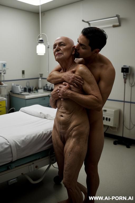 ((very old mature wrinkly shameless submissive latina grandma hugging and kissing on the lips on thirty year old dominant misogynistic muscular bald man)) ((completely nude barefoot)) ((man standing - #main