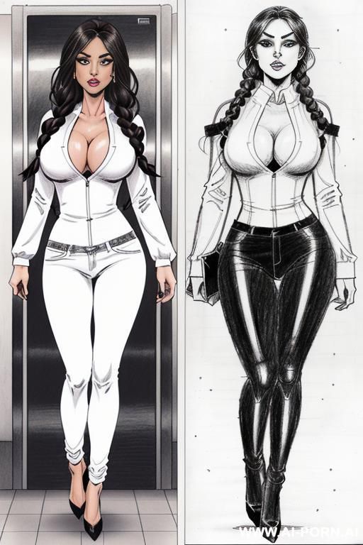 ((((full body shot)))) (((on three panels))) ((((each panel a different pose sexy)))) ((((image comic-drawing pencil style)))) down level shot ((((exiting elevator)))) ((((security guard)))) ((((walking)))) - #main