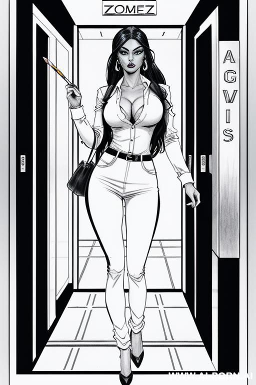 ((((horizonte gaze)))) ((((image comic-drawing pencil style)))) down level shot ((((exiting elevator)))) ((((security guard)))) ((((walking)))) ((((big eyes)))) pretty italian woman full red lips, huge smile, - #main