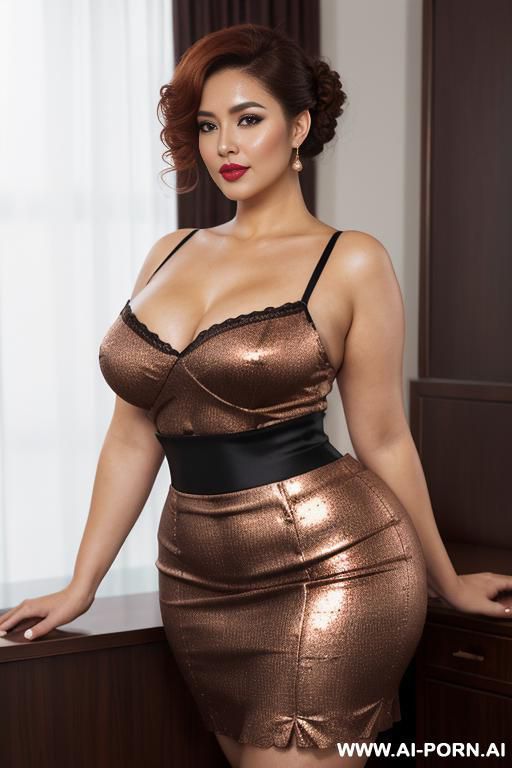 long copper shimmer wavy updo, 2, chinese, narrow eyes, pointy nose, angular face, high cheekbokes, ((heavy large perky hanging breasts)), deep cleavage, seductive sexy smile, dimples, fit bbw - #main