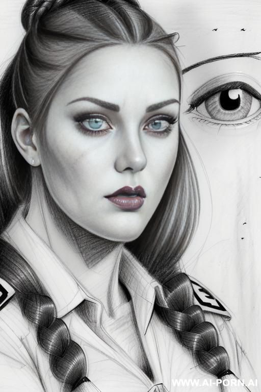 ((((image comic-drawing pencil style)))) up level shot ((((face close up)))) ((((front face)))) ((((security guard)))) ((((huge eyes)))) ((((very very open eyes)))) pretty italian woman full red lips, - #main