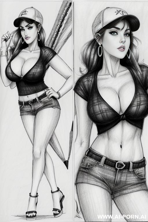 ((((image comic-drawing pencil style))) (((full body shot))), (at the sunset) (oíl skin body) , (hoop earrings), long, chuby, ((((sadly)))), brunette pixie haircut, (sexy slut), (((most beautiful woman - #main