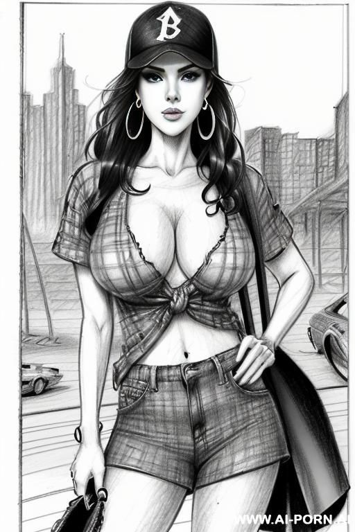 ((((image comic-drawing pencil style))) (((full body shot))), (at the sunset) (oíl skin body) , (hoop earrings), long, chuby, brunette pixie haircut, (sexy slut), (((most beautiful woman ever))), - #main