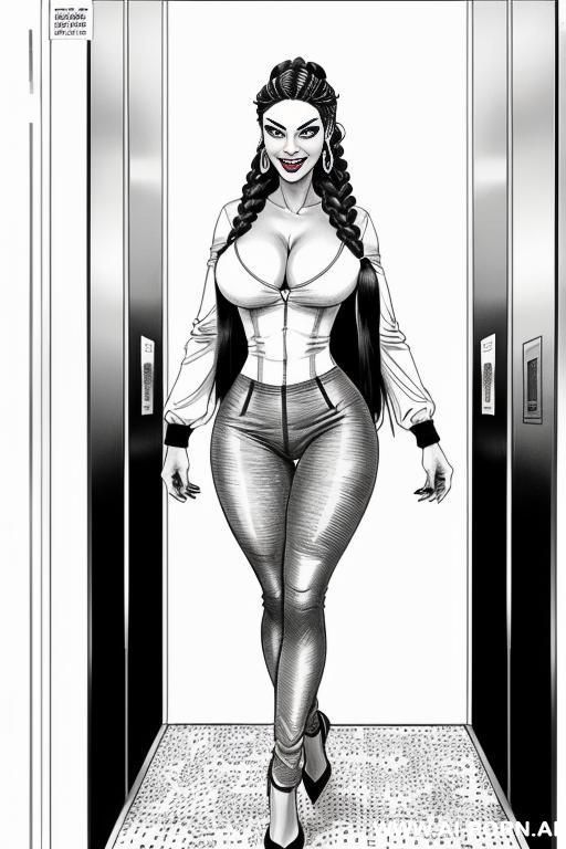 ((((body shot)))) ((((horizonte gaze)))) ((((image comic-drawing pencil style)))) down level shot ((((exiting elevator)))) ((((security guard)))) ((((walking)))) ((((big eyes)))) pretty italian woman full red - #main