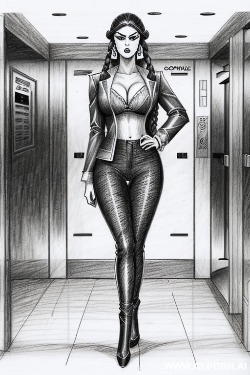 ((((full body shot)))) ((((image comic-drawing pencil style)))) down level shot boobs close up ((((exiting the elevator)))) ((((security guard)))) ((((walking sexy pose)))) ((((side gaze)))) ((((big eyes)))) - #main