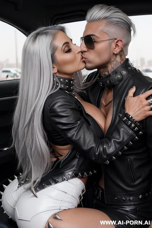 ((((arab rap gilf hugging and kissing a very handsome twenty year old muscular punk man on the lips)))) (((((((gigantic tits))))))) and (((long white hair))), (((makeup))) , (((tight spiked studded - #main