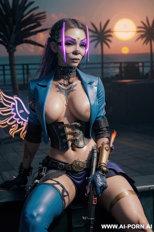 ((((masterpiece)))), (((woman sitting))), (glowing red eyes), (long blue purple and white hair with a flower), ((crop top white collar shirt with red tie)), ((((flaming angel wing)))), ((navy formal - #main