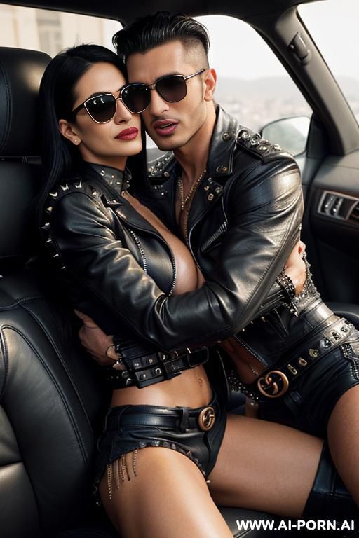 ((((arab milf hugging a very handsome muscular twenty year old man)))) with ((((((gigantic tits)))))) and ((long hair)), ((((makeup)))) , (((tight spiked studded black gucci leather jacket))) (((tight - #main