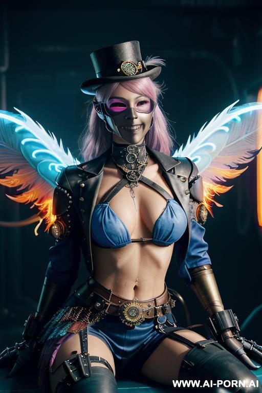 ((((masterpiece)))), (((woman sitting))), (glowing red eyes), (long blue purple and white hair with a flower), ((crop top white collar shirt with red tie)), ((((flaming angel wing)))), ((navy formal - #main