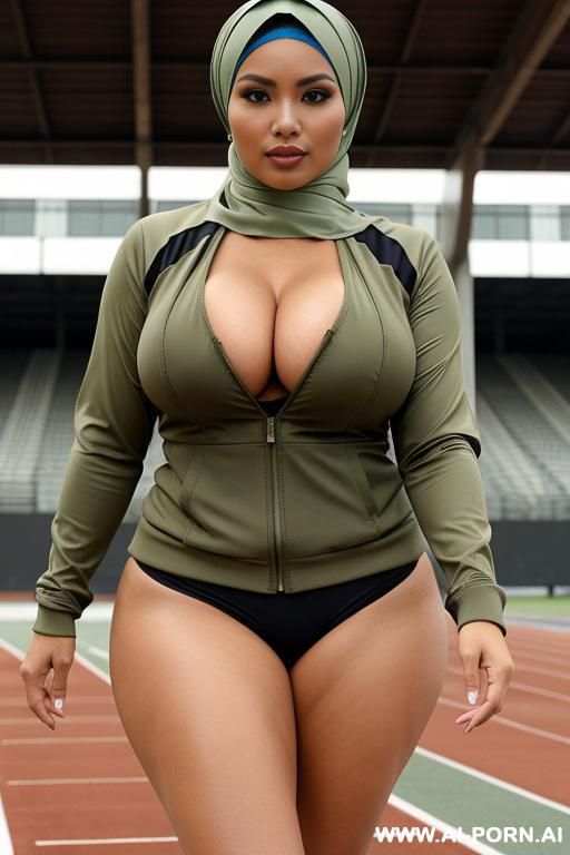 milf, voluptuous body figure, indonesian, sunda ethnicity, light olive skin, pashmina style jilbab, wearing stylish pashmina jilbab, sport jacket, wearing tracktop. fully clothed, no cleavage, covered. sporty natural massive saggy breast. at running track - #main