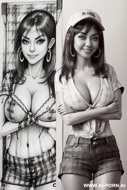 ((((image comic-drawing pencil style))) ((((boobs on close up)))) , ((((mischievous smile)))) ((((long body shot))) , (hoop earrings), brunette pixie haircut, (sexy slut) , ((((japanese woman)))) , - #main