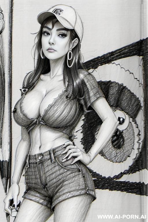 ((((image comic-drawing pencil style))) ((((boobs on close up)))) , ((((long body shot))) , (hoop earrings), brunette pixie haircut, (sexy slut) , ((((japanese woman)))) , ((((huge eyes)))) , (((most - #main
