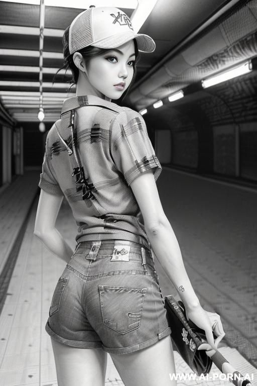 ((((image comic-drawing pencil style))) , (((medium body shot))), brunette pixie haircut, (sexy slut) , ((((japanese woman)))) , (((from behind))), ((((on the underground parking)))), ((((walking)))) , - #main