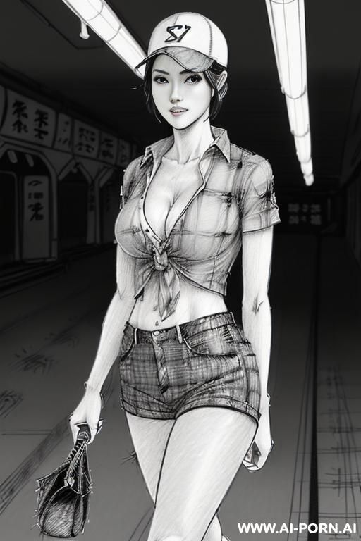 ((((image comic-drawing pencil style))) , (((medium body shot))) , brunette pixie haircut, (sexy slut) , ((((japanese woman)))) , ((((on the underground parking)))), ((((walking)))) , (short sleeved - #main