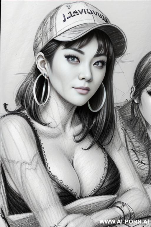((((image comic-drawing pencil style))) ((((boobs close up)))) , (((medium body shot))) , (hoop earrings), brunette pixie haircut, (sexy slut) , ((((japanese woman)))) , ((((huge eyes)))) , (((most - #main