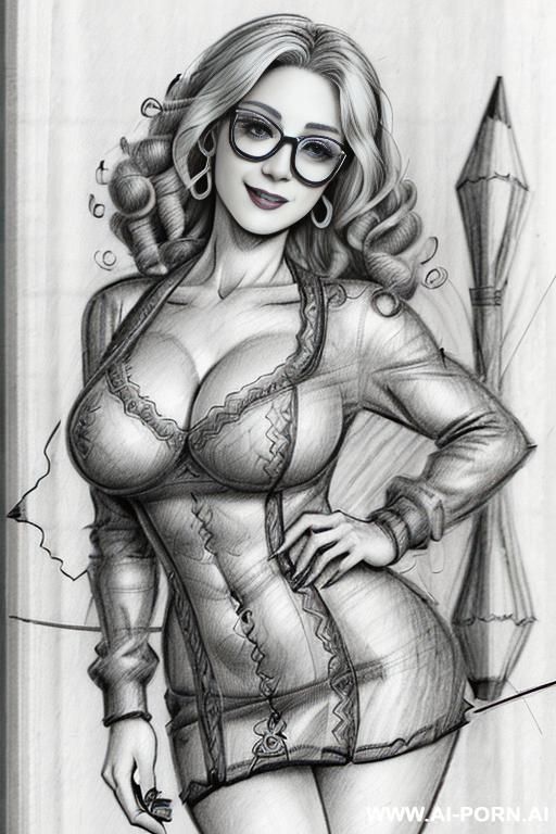 ((((in one panel))) ((((mediun body shot)))) ((((image comic-drawing pencil style)))) down level shot boobs in closedup ((((landscape photography studio)))) ((((camera)))) ((((seductive gaze)))) ((((big - #main