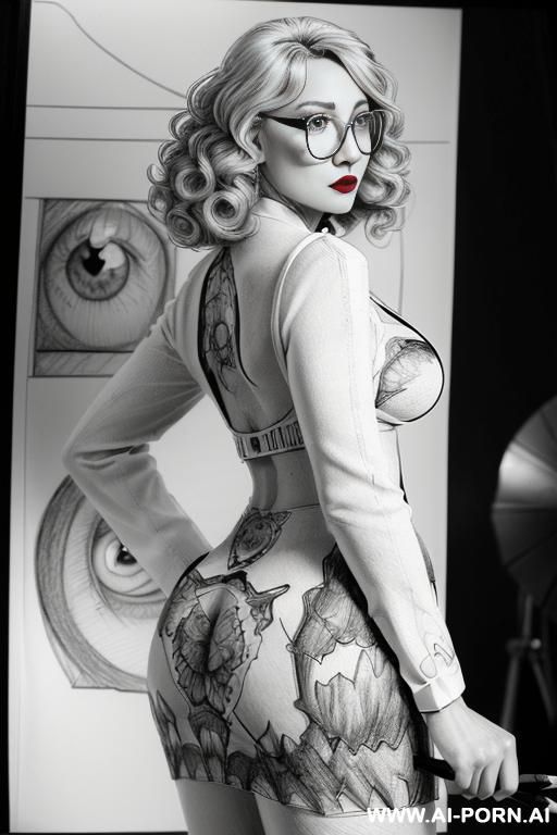 ((((mediun body shot)))) ((((image comic-drawing pencil style)))) down level shot boobs in closedup ((((from behind)))) ((((in the photography studio)))) ((((photography camera)))) ((((hate)))) ((((huge - #main