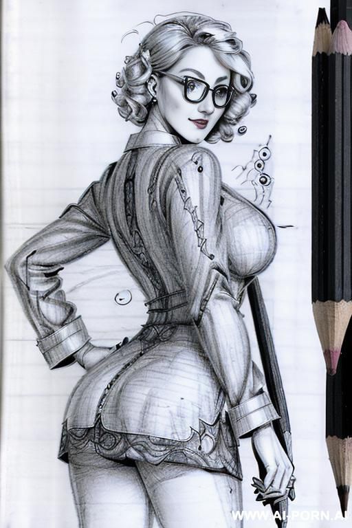 ((((in one panel))) ((((mediun body shot)))) ((((image comic-drawing pencil style)))) down level shot boobs in closedup ((((from behind)))) ((((at the photography studio)))) ((((camera)))) ((((seductive - #main