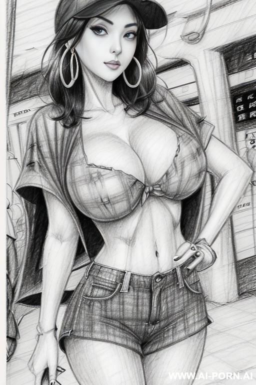 ((((image comic-drawing pencil style))) ((((boobs on close up)))) , (((medium body shot))) , (hoop earrings), brunette pixie haircut, (sexy slut) , ((((japanese woman)))) , ((((huge eyes)))) , (((most - #main