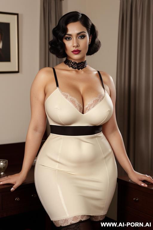 long black finger waves, persian, narrow eyes, pointy nose, high cheekbokes, ((heavy perky hanging breasts)), no cleavage, seductive sexy grin, dimples, fit bbw voluptuous hourglass figure, big full - #main