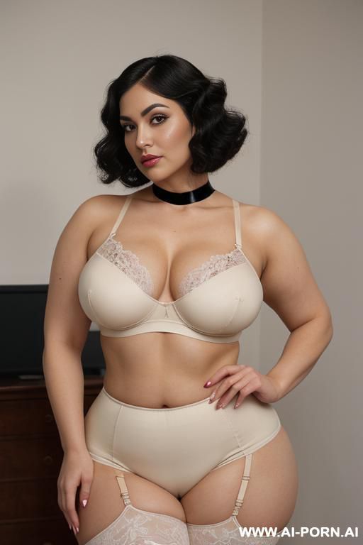 long black finger wave hairstyle, persian, narrow eyes, pointy nose, high cheekbokes, ((heavy perky hanging breasts)), seductive sexy grin, dimples, fit bbw voluptuous hourglass figure, big full large - #main