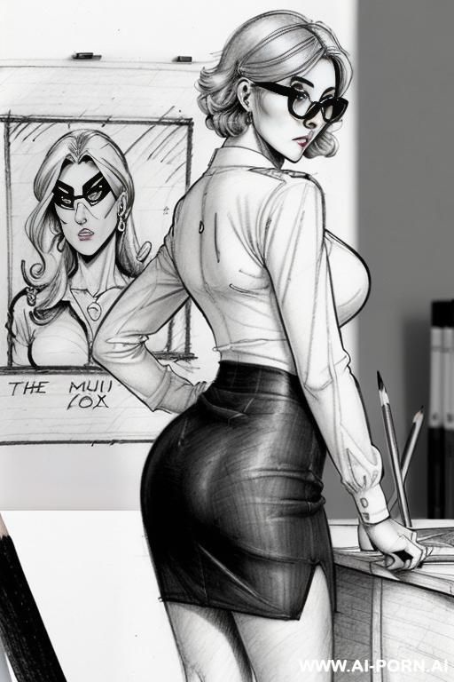 ((((image comic-drawing pencil style)))) ((((mediun body shot)))) ((((in the office)))) ((((from behind)))) ((((anger face)))) pretty italian woman full lips, muscle fit , black short skirt , white - #main