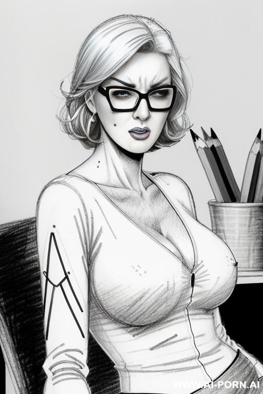 ((((image comic-drawing pencil style)))) ((((mediun body shot)))) ((((in the office)))) ((((anger face)))) pretty italian woman full lips, muscle fit , black short skirt , white long-sleeved shirt on - #main