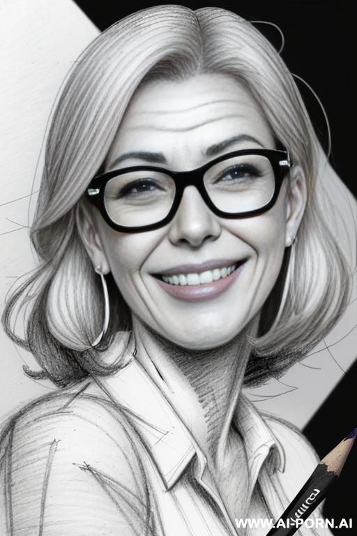 ((((image comic-drawing pencil style)))) ((((close up face shot)))) ((((in the office)))) ((((smiling silly face)))) pretty italian woman full lips, muscle fit , black short skirt , white long-sleeved - #main