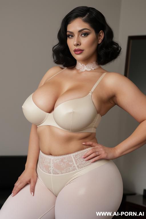 long black finger wave hairstyle, persian, narrow eyes, pointy nose, high cheekbokes, ((heavy perky hanging breasts)), seductive sexy grin, dimples, fit bbw voluptuous hourglass figure, big full large - #main