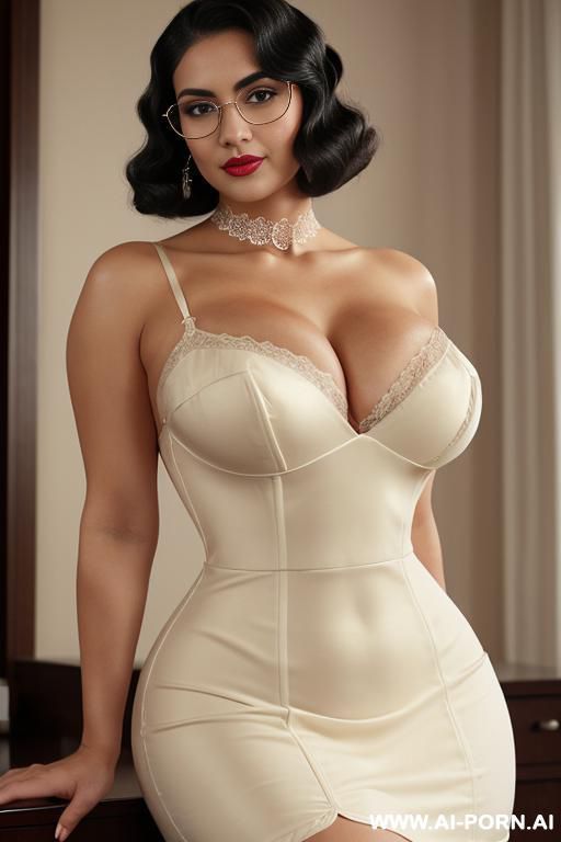 long black finger waves, persian, narrow eyes, pointy nose, high cheekbokes, ((heavy perky hanging breasts)), no cleavage, seductive sexy grin, dimples, fit bbw voluptuous hourglass figure, big full - #main