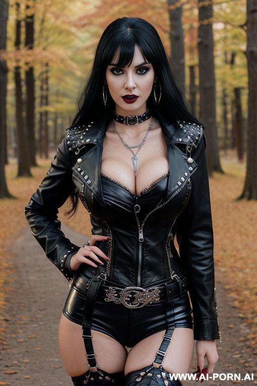 female goth makeup thick black hairs brunette bangs messy in studded choker tight thick leather jacket with color patches punk jacket in red tshirt cleavage busty in autumn forest park portrait - #main