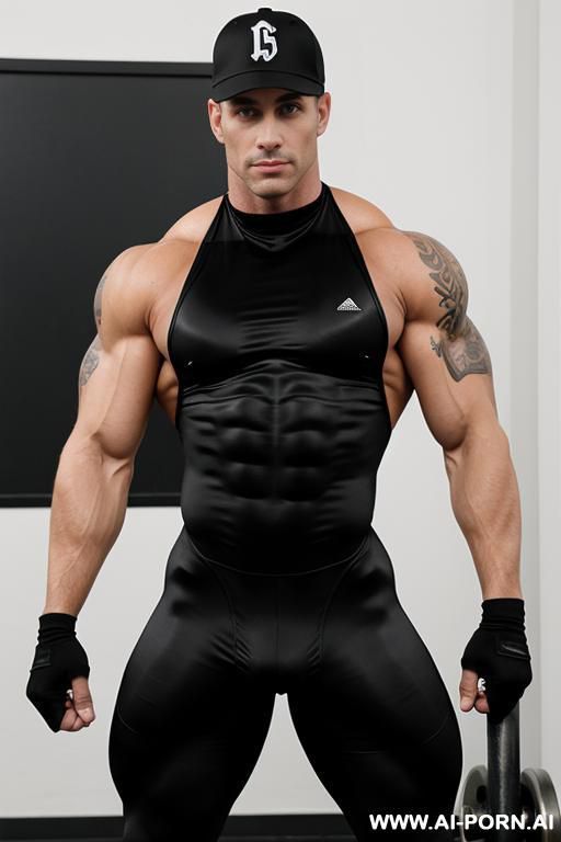 the hyper-muscular gay, dressed in a spandex bodysuit, enters the gym. his chest, abs, buttocks, arms, and legs are clearly defined, and his huge cock protrudes from under the bodysuit. he has - #main