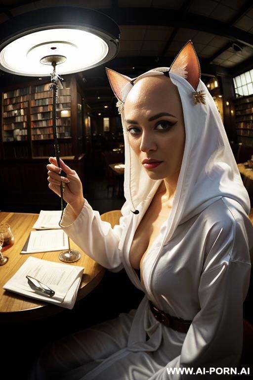 ((((view fish eye lens)))) up level shot forehead in closedup hyperrealism painting: slender bald old japanese sci-fi traider, age twenty, ((aa cup teardrop boobs)), on the desert field, bald head, - #main