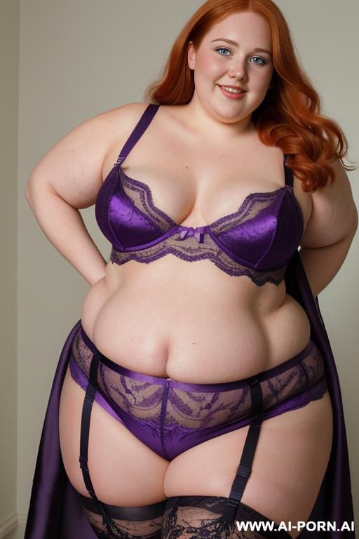 half body photo shot close up. a ((british obese fat bbw redhead)), ((thick with love handless)). ((wearing a violet bright sexy and hot nun garter belt bride lingerie of flowers, and a silk micro-skirt)). she is smiling - #main