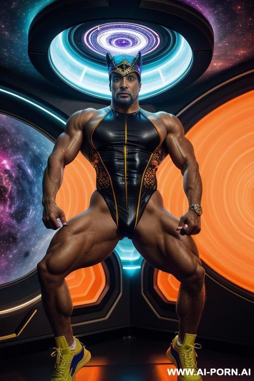 the hyper-muscular old gay, dressed in a fantasy bodysuit, enters the spaceship. his chest, abs, buttocks, arms, and legs are clearly defined. he wears a sci-fi fantasy cap on his head and sneakers on his feet he is jumping and screeching. - #main