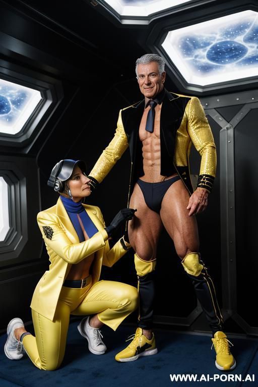 the hyper-muscular old gay, dressed in a fantasy space coat and suit with cables, enters the spaceship. his chest, abs, buttocks, arms, and legs are clearly defined. he wears a sci-fi fantasy - #main