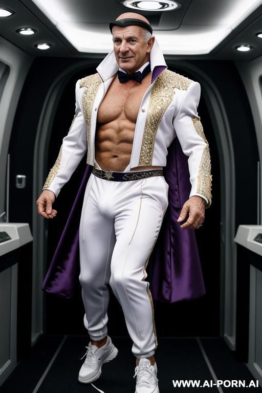 the hyper-muscular old gay, dressed in a fantasy coat, enters the spaceship. his chest, abs, buttocks, arms, and legs are clearly defined. he wears a sci-fi fantasy cap on his head and sneakers on his feet he is jumping and screeching. - #main