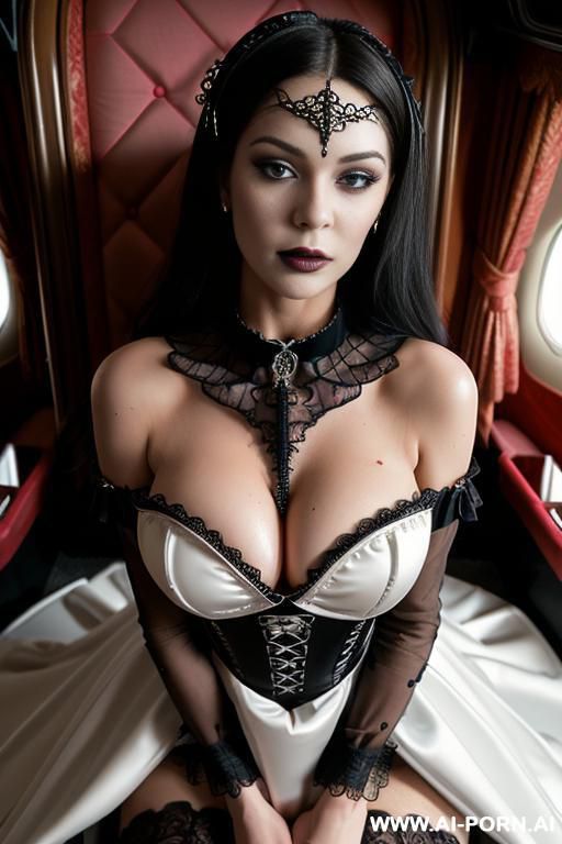 beautiful hypnotized bimbo, wearing her elegant wedding dress, kneels for pov sex in front of you, on a private jet scene, (((ornate gothic slut control collar))), ((wearing cum on her face)) - #main