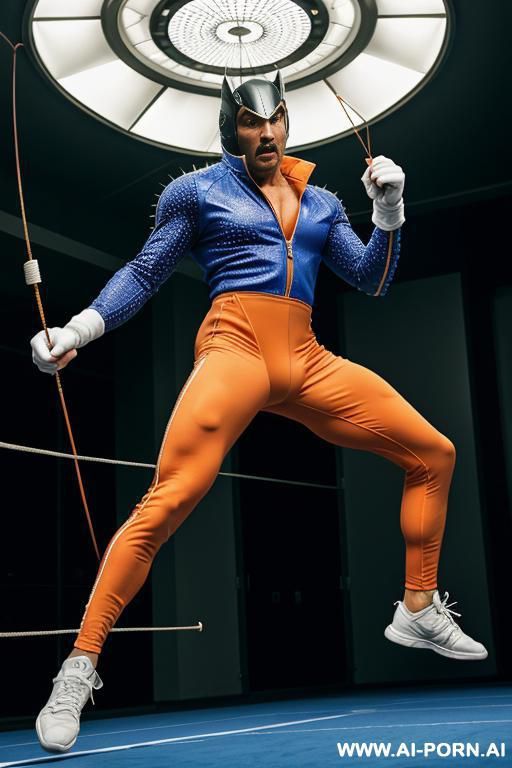 the hyper-muscular old gay, dressed in a fantasy space spiked coat with cables, enters the spaceship. his chest, abs, buttocks, arms, and legs are clearly defined. he wears a sci-fi fantasy cap - #main