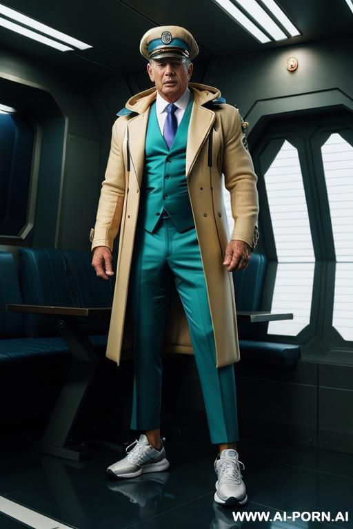 the hyper-muscular old gay, dressed in a fantasy space coat with cables, enters the spaceship. his chest, abs, buttocks, arms, and legs are clearly defined. he wears a sci-fi fantasy cap on his head and sneakers on his feet he is jumping and screeching. - #main