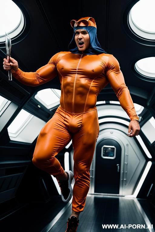 the hyper-muscular old gay, dressed in a fantasy bodysuit, enters the spaceship. his chest, abs, buttocks, arms, and legs are clearly defined. he wears a sci-fi fantasy cap on his head and sneakers on his feet he is jumping and screeching. - #main