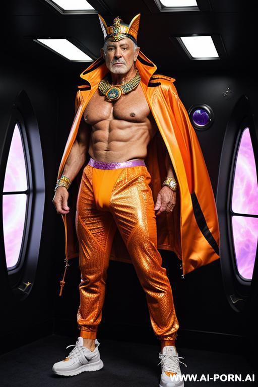 the hyper-muscular old gay, dressed in a fantasy coat, enters the spaceship. his chest, abs, buttocks, arms, and legs are clearly defined. he wears a sci-fi fantasy cap on his head and sneakers on his feet - #main
