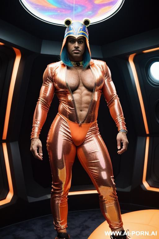 the hyper-muscular old gay, dressed in a fantasy bodysuit, enters the spaceship. his chest, abs, buttocks, arms, and legs are clearly defined, and his huge cock protrudes from under the bodysuit. - #main
