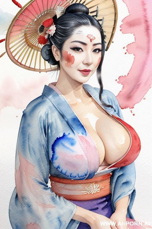 ((((showing tits)))) ((((geisha)))) ((((image comic-drawing watercolor style)))) down level shot boobs in closedup ((((open kimono)))) ((((seductive gaze)))) pretty geisha woman full lips smile shocked face - #main