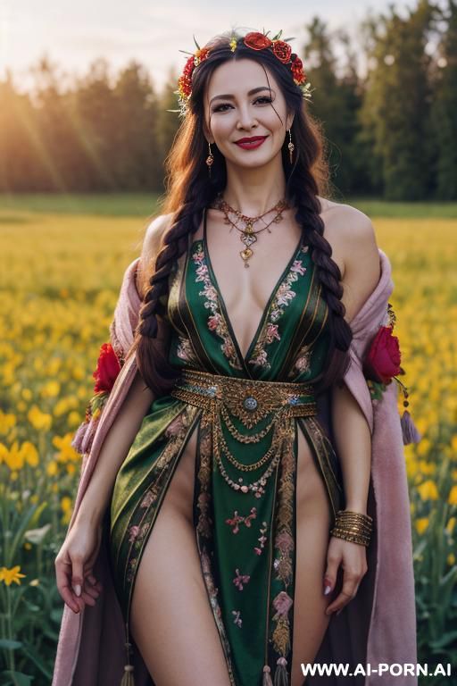 slavic goddess. flower crown.in a field. red flower.necklace, elries, chain, long layered rhinestone tassel chest chain, rhinestone tassel chain face mask - #main